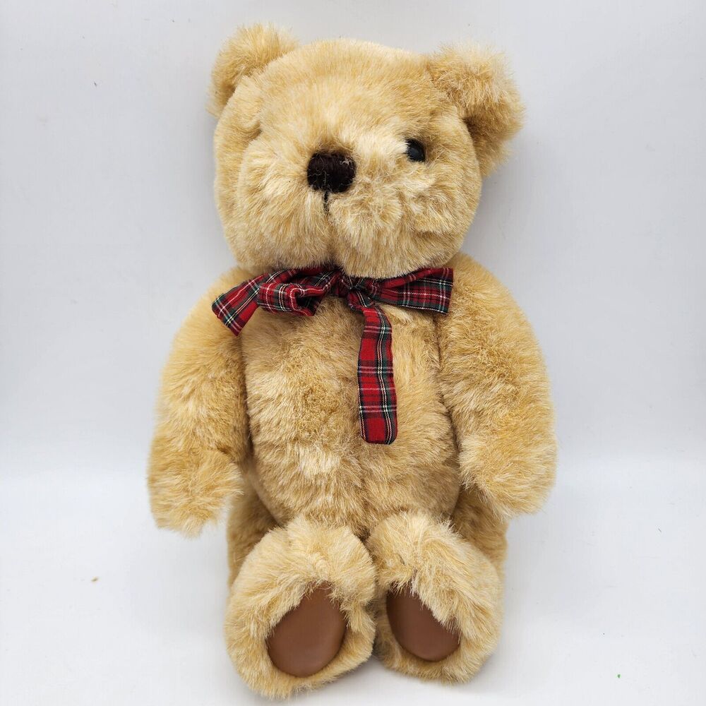 Vintage Gund Jointed Tan Teddy Bear 12" Plaid Bow Leather Feet Yarn Nose 1982